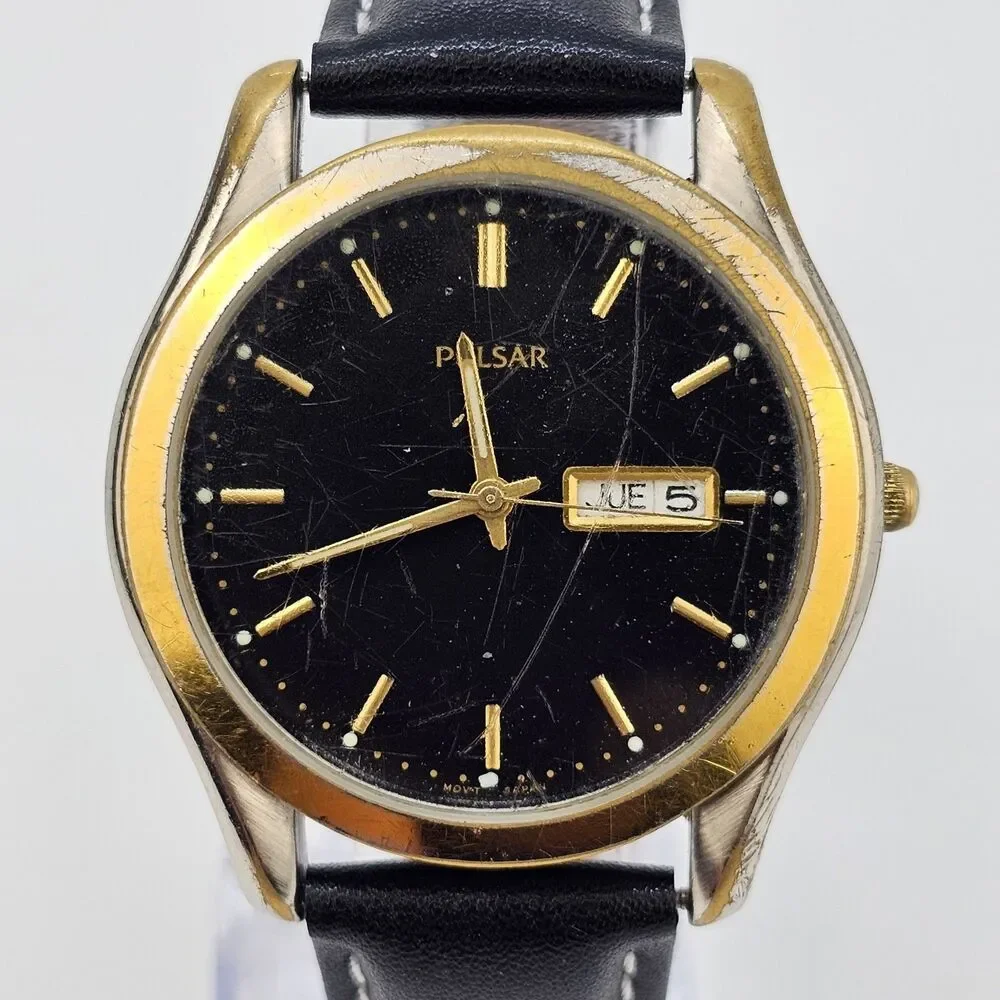 VTG Pulsar Men Watch 38MM Black Dial Dial Day Date New Leather Band New‎ Battery